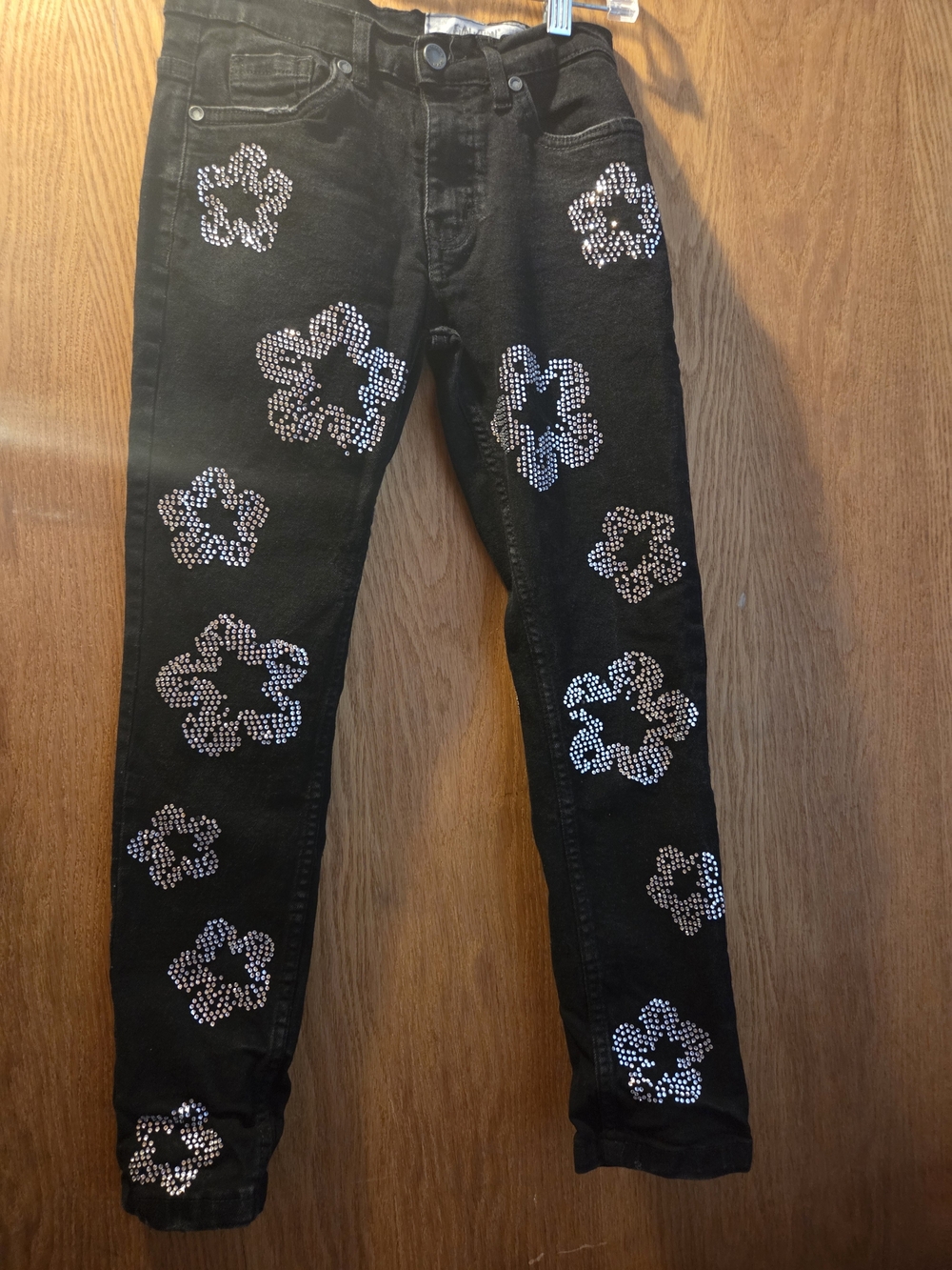Black Girls' Jeans with Silver Floral Rhinestone Accents